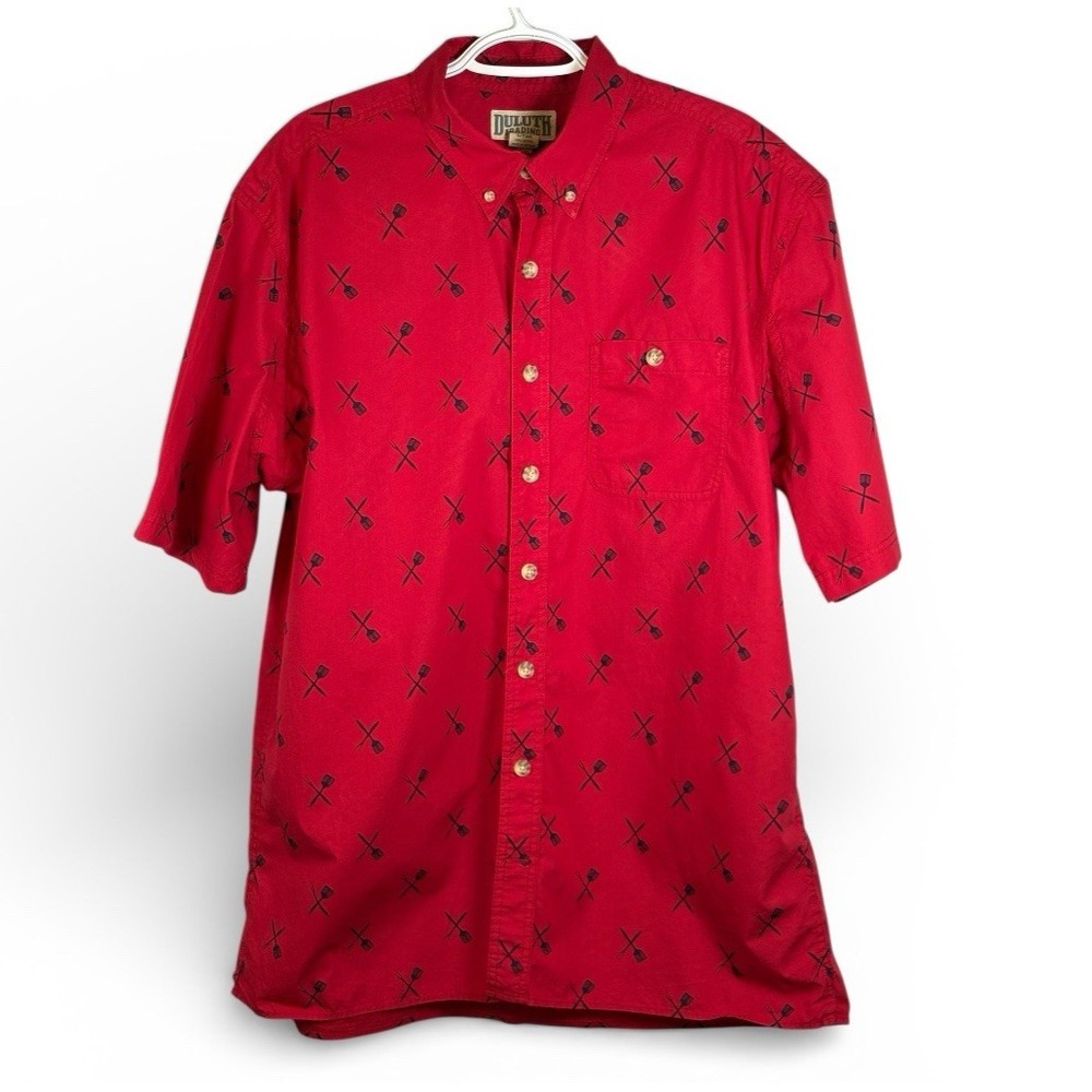 Duluth Trading Mens Red Grilling Print Short Sleeve Button Up Shirt L Tall